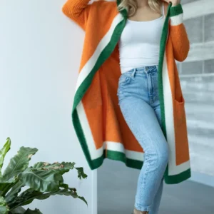 Elegancki długi kardigan z kapturem pomarańczowy