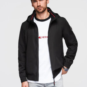 Kurtka męska z kapturem i wysoką stójką - czarna V1