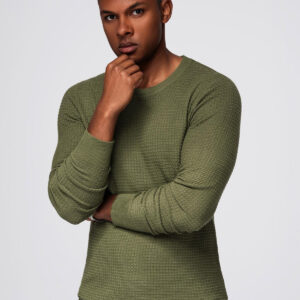 Strukturalny sweter męski z okrągłym dekoltem – oliwkowy V1