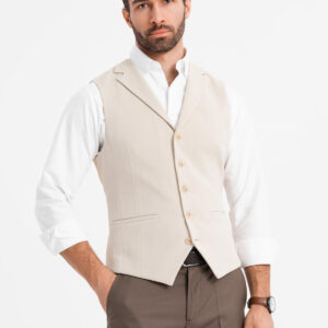 Dopasowana elegancka męska kamizelka z elastanem i klapami – beżowa V2