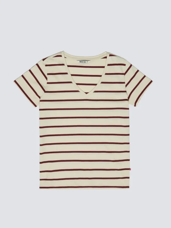 Koszulka damska z dekoltem v-neck w paski kremowa Retina 103