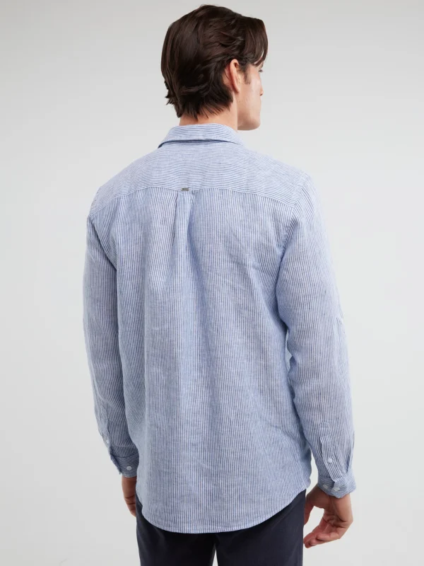 Lniana koszula męska w prążek niebieska Malekiwo 402