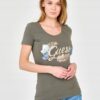 GUESS Damski zielony t-shirt ze zdobionym logo