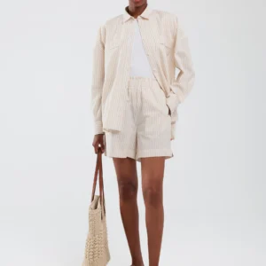 Szorty damskie lniane w prążek beżowe Endasi 805