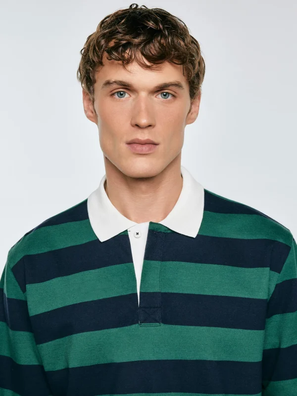 8b602b137a1402ae1cde257f6cee533b3e289ea2 Koszulka męska polo z długim rękawem w pasy granatowo-zielona Miker 403