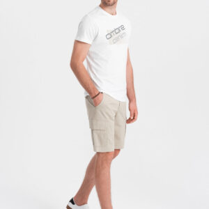 Męskie jednokolorowe szorty z kieszeniami cargo – beżowe V3