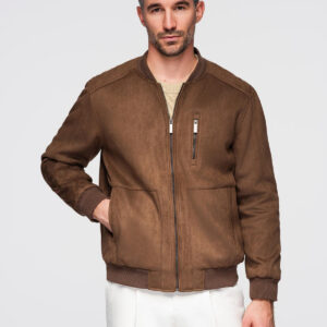 Kurtka bomberka męska z imitacji zamszu - brązowa V1