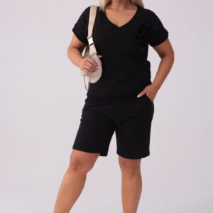 Wakacyjny czarny dresowy komplet Nadia - bluzka + krótkie spodenki PLUS SIZE XXL LATO