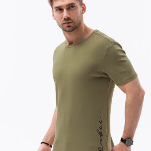 T-shirt męski bawełniany z nadrukiem - oliwkowy V4