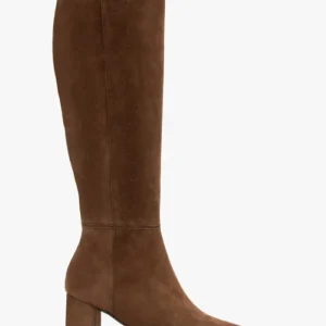 Brązowe kozaki ze skóry welurowej na słupkowym obcasie