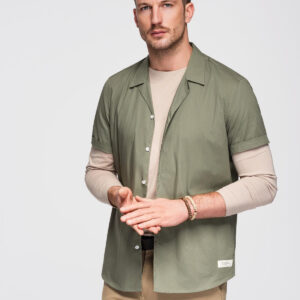 Koszula męska z krótkim rękawem i kubańskim kołnierzem - khaki V4