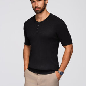 T-shirt męski dzianinowy z guzikami przy dekolcie – czarny V2