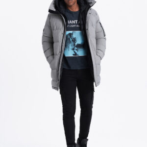 Długa męska kurtka parka ze strukturalnej tkaniny – szara V2