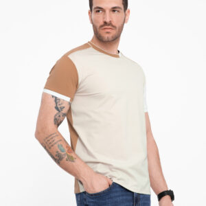 Męski t-shirt z elastanem z kolorowymi rękawami - brązowy V1