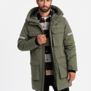 Ocieplana długa kurtka męska z odblaskowymi elementami – oliwkowa V3