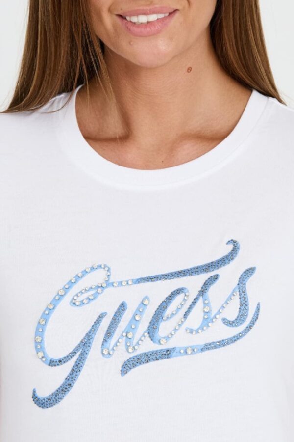 GUESS Biały damski T-shirt bawełniany STONES&EMBRO TEE