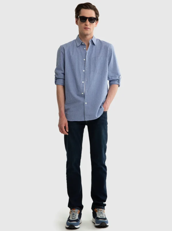 Koszula męska w drobną kratę niebieska Mersinino 402