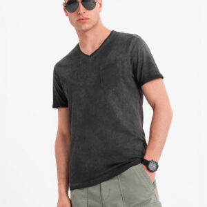 Męski bawełniany t-shirt V-neck z dzianiny z efektem sprania - czarny V6