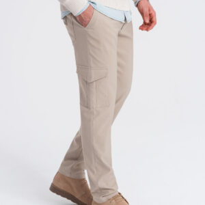 Spodnie męskie materiałowe REGULAR z kieszeniami cargo - beżowe V3
