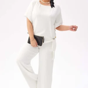 Elegancki komplet Rosa w kolorze ecru - bluzka i spodnie na wesele PLUS