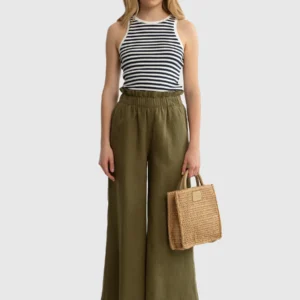 Spodnie damskie lniane z szeroką nogawką paperbag khaki Dorona 303
