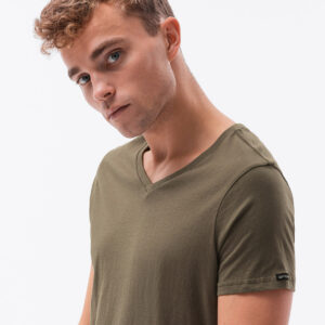 Klasyczna męska koszulka z dekoltem w serek BASIC - ciemnooliwkowy V6