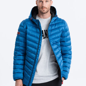 Sportowa pikowana kurtka męska o satynowym wykończeniu – niebieska V6