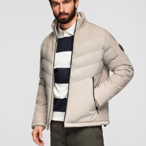 Kurtka męska pikowana z łączonych materiałów z wysokim kołnierzem – beżowa V4