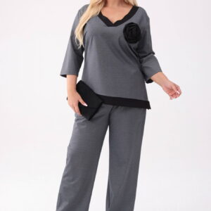 Elegancki grafitowy komplet Adriana - bluzka + długie spodnie PLUS SIZE XXL OVERSIZE JESIEŃ