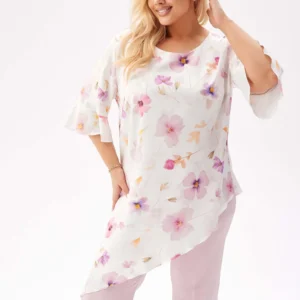 Elegancka tunika Liliana z asymetrycznym krojem w romantyczne kwiaty PLUS