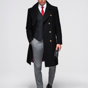 Elegancki militarny dwurzędowy płaszcz męski z wełną - czarny V1