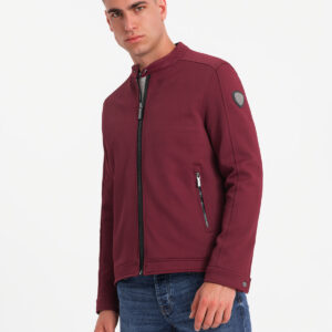 Męska kurtka o kroju biker ze strukturalnego materiału – bordowa V2