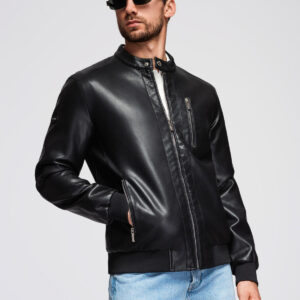 Męska kurtka z imitacji skóry ze stójką - czarna V2