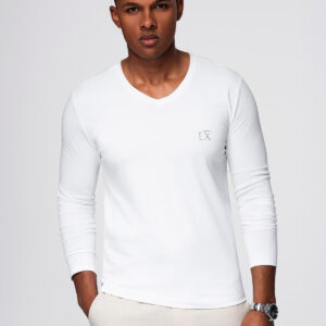 Męski longsleeve V-neck SLIM FIT z elastanem i printem – biały V2
