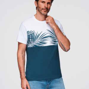 T-shirt meski dwukolorowy z nadrukiem w liście palmy - ciemnoniebieski V1