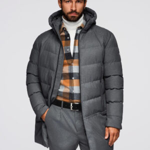 Długa męska pikowana kurtka z kapturem i wysoką stójką – szara V2