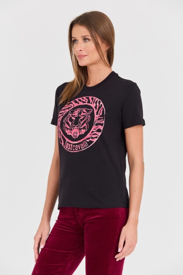 JUST CAVALLI Czarny damski t-shirt R Tiger Round Flock