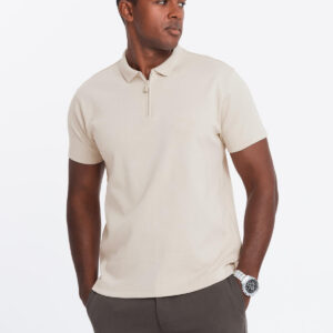 Koszulka męska polo z kołnierzykiem zapinanym na zamek – kremowa V3