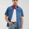 Koszula męska jeansowa z krótkim rękawem niebieska Short Sleeve Western 377