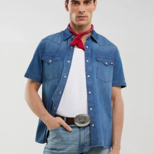 Koszula męska jeansowa z krótkim rękawem niebieska Short Sleeve Western 377