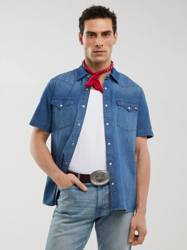 Koszula męska jeansowa z krótkim rękawem niebieska Short Sleeve Western 377