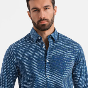 Męska koszula w drobny wzór SLIM FIT - granatowa V1