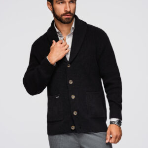 Sweter bawełniany męski kardigan z szalowym kołnierzem - czarny V4