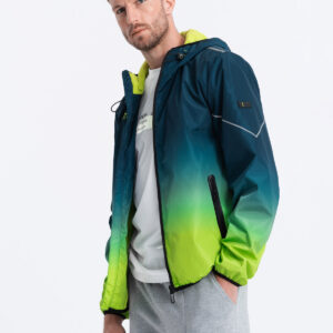 Sportowa kurtka męska ombre z odblaskami i polarową podszewką – turkusowo-limonkowa V1