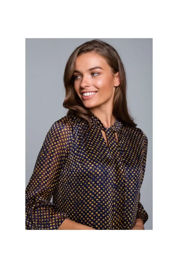 Sukienka rozkloszowana szyfonowa z dekoltem V granatowa w groszki