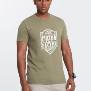 T-shirt męski z nadrukiem w stylu motocyklowym – oliwkowy V2