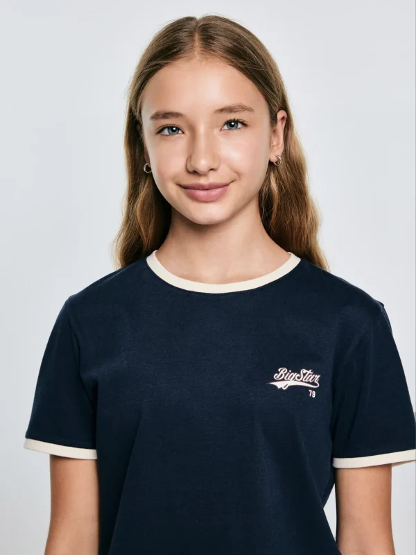 Koszulka dziewczęca z kontrastowym wykoŅczeniem granatowa Kola 403