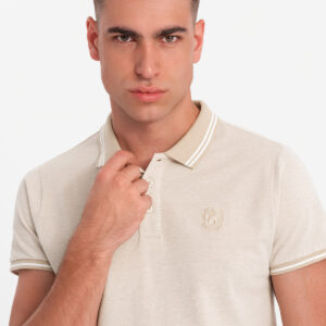 Melanżowa koszulka męska polo z kołnierzykiem w paski – piaskowa V4