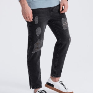 Męskie spodnie jeansowe taper fit z dziurami - czarne V2