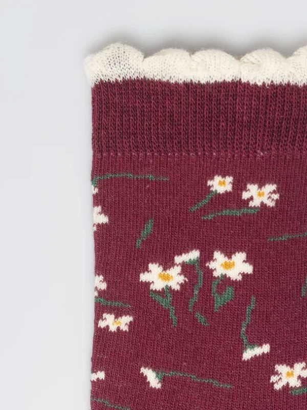 Skarpety dziewczęce długie w kwiatki bordowe Lula 604